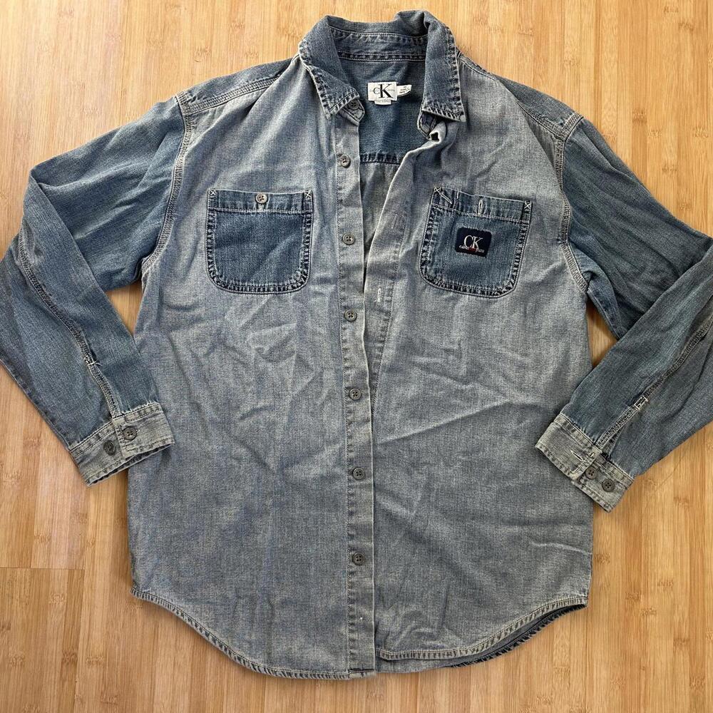 Vintage Calvin Klein Denim Button Down Shirt Men’s M Two Tone Western Cotton